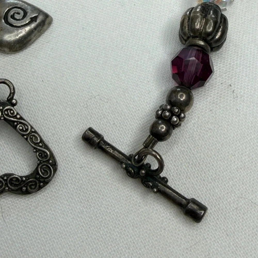 Vintage Sterling Silver Charm Bracelet Multicolor Beads Heart Toggle Boho
